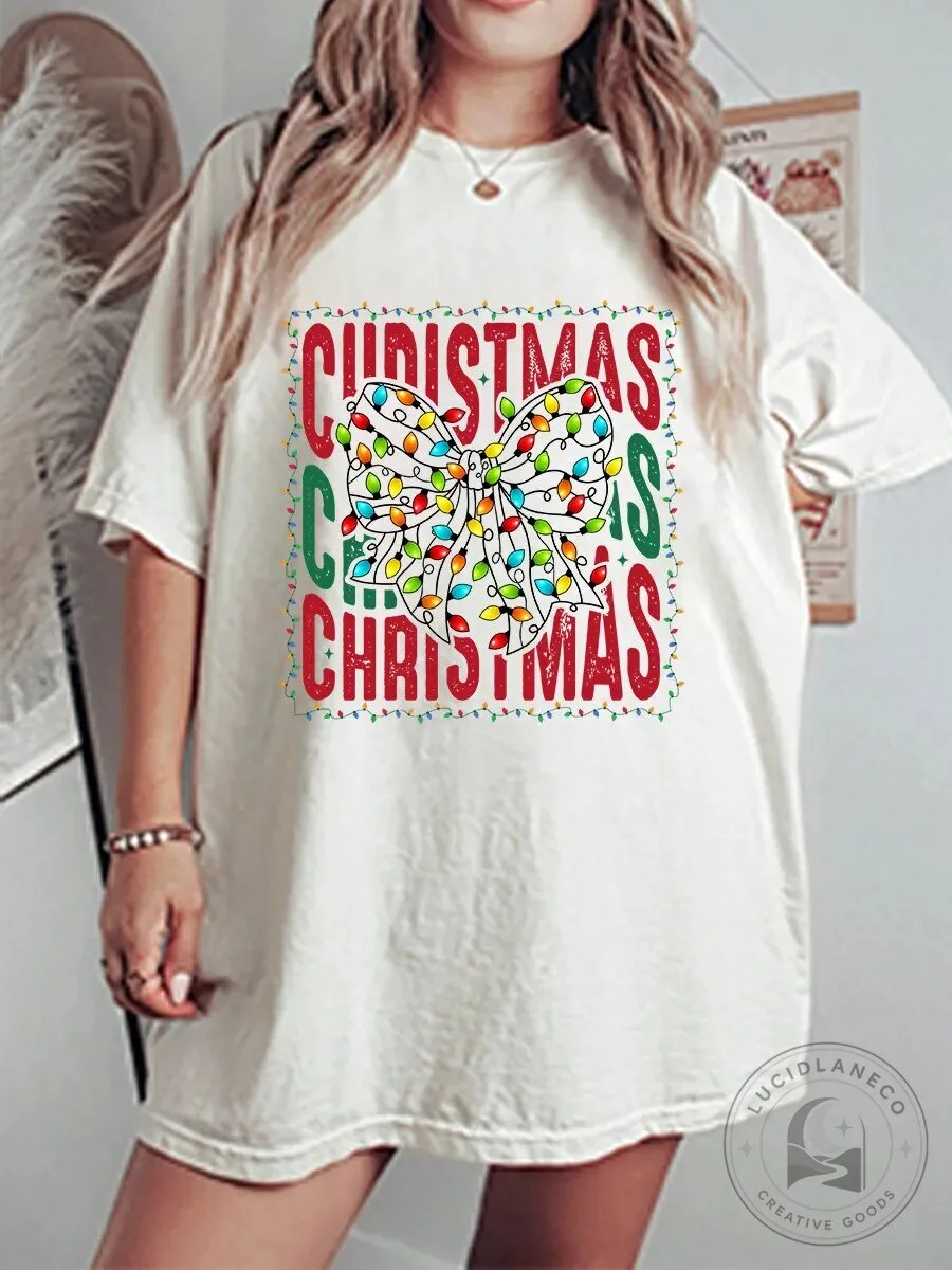 Vintage Christmas Coquette Bow Oversized Graphic T-Shirt
