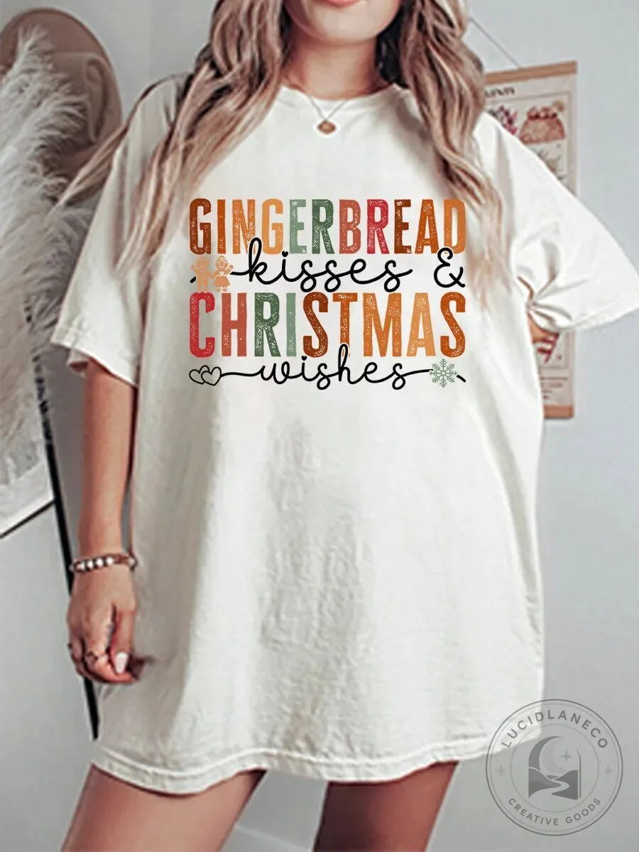 Gingerbread Kisses and Christmas Wishes Oversized Graphic T-Shirt