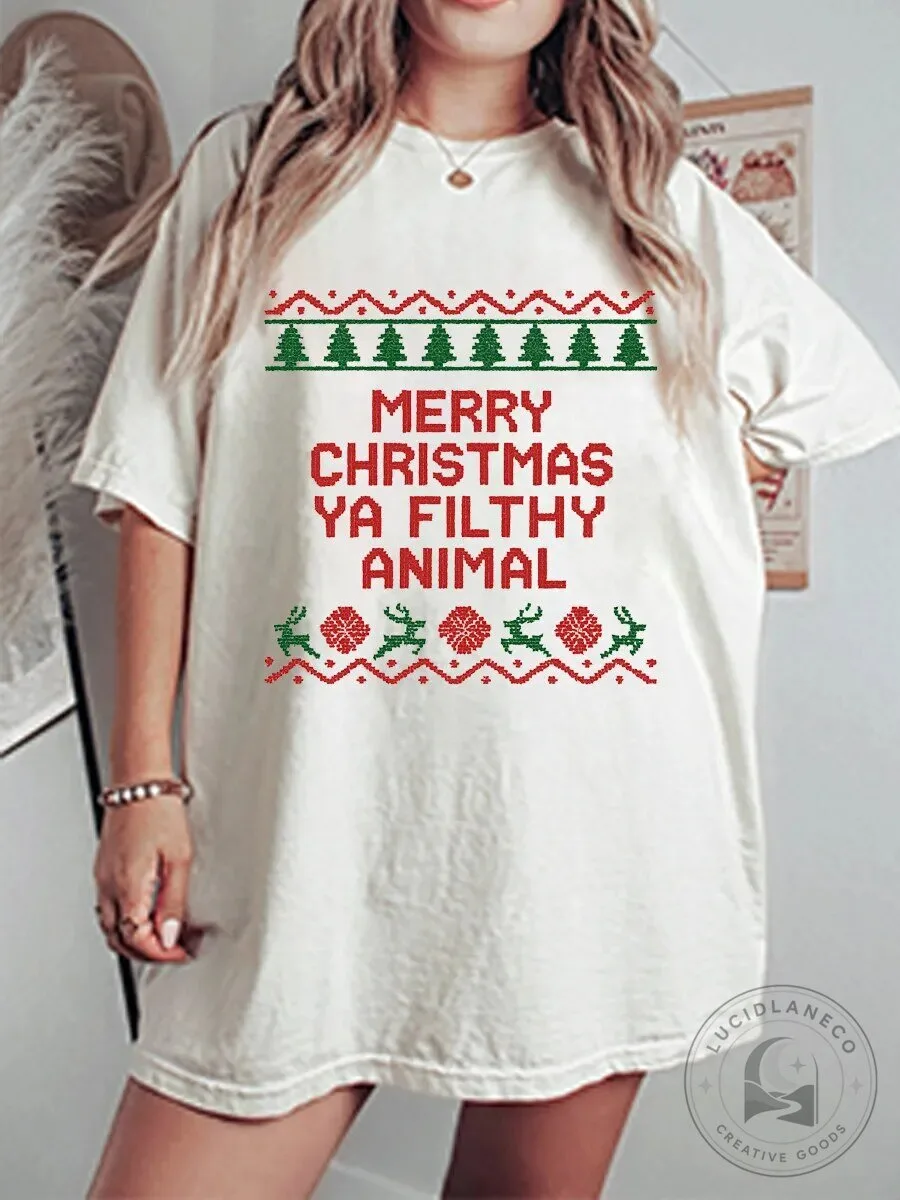 Holiday T-Shirt in Ugly Sweater Design: Merry Christmas Ya Filthy Animal
